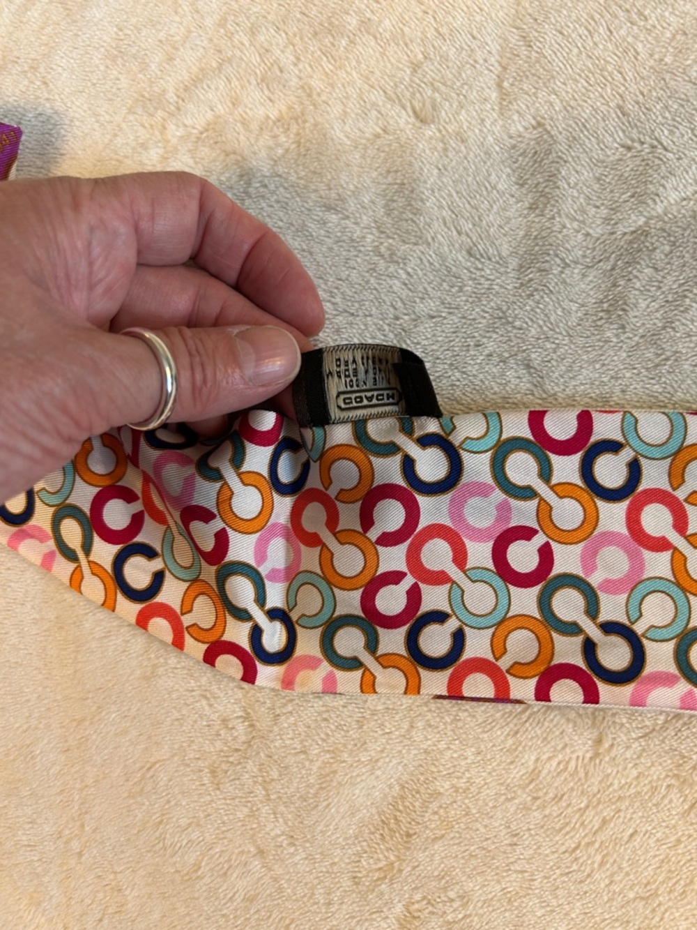 Coach Multicolor Logo Circles Silk Twilly Scarf - White Base - Picture 4 of 6